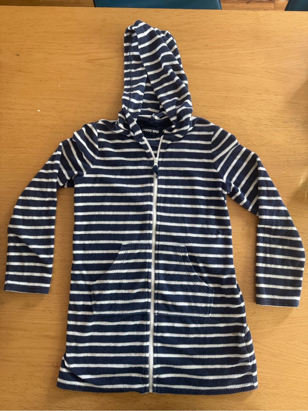 Lands' End Kids Navy and White Striped Hooded Zip swimsuit cover up